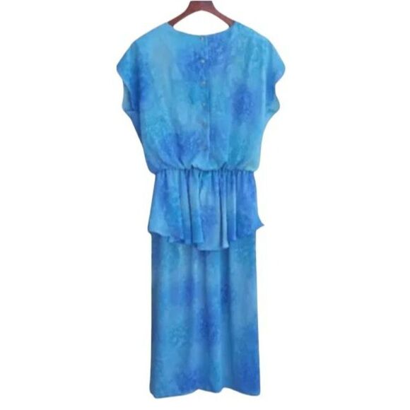 Vtg 80's Modest Watercolor Draped Scoop Neck Batwing Peplum Midi Dress Sz L - Picture 6 of 10